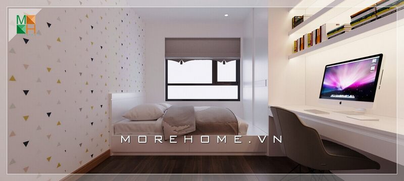 Mẫu thiết kế bàn học và kệ sách treo tường giúp giảm thiểu diện tích của phòng ngủ, làm cho căn phòng trở nên sạch sẽ và tiện lợi hơn.