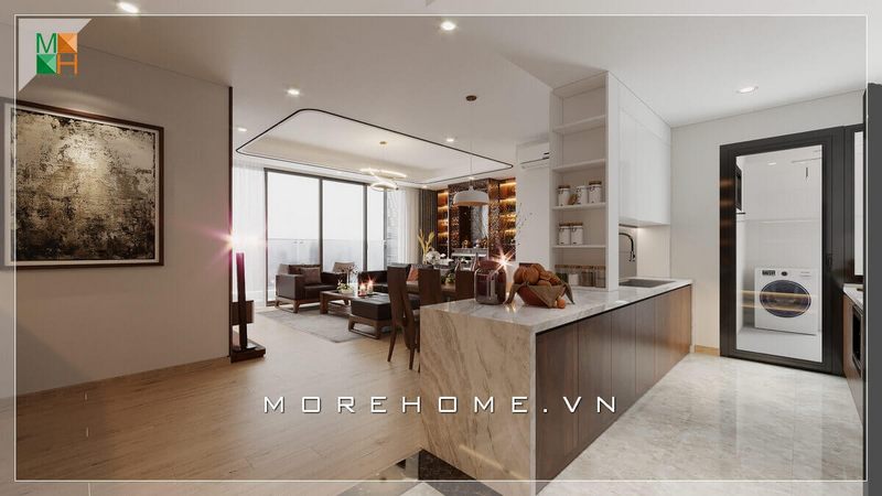 .
Bàn đảo bếp gỗ công nghiệp kết hợp với mặt bàn đá nhân tạo và kệ đựng đồ đã làm ấn tượng với người sử dụng. Nó cung cấp sự thuận tiện trong việc sử dụng và định hình khu vực phòng bếp, tạo nên một phong cách hiện đại trẻ trung cho ngôi nhà của bạn.